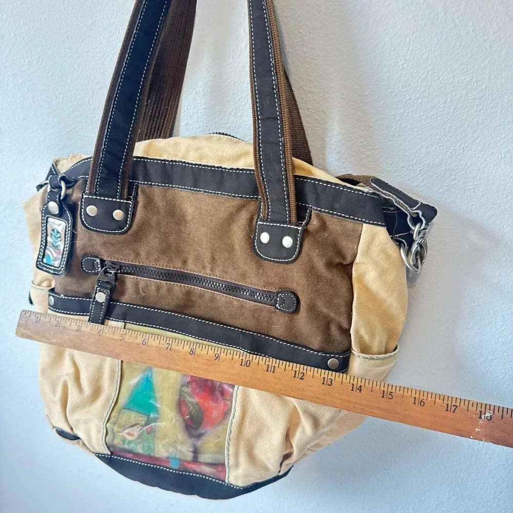 Sherpani vintage Women Tan Brown Canvas Art Panel Multi Pocket Tote Bag Large